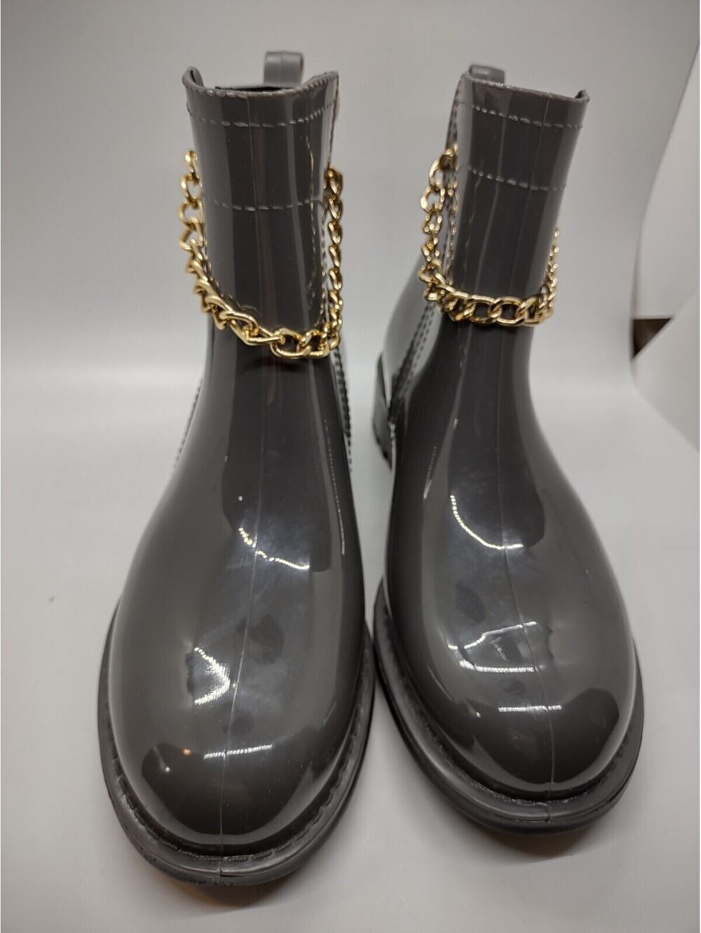 New Size 7 Womens Rain Boots Nicole Miller Shiny Brown With Chain 206